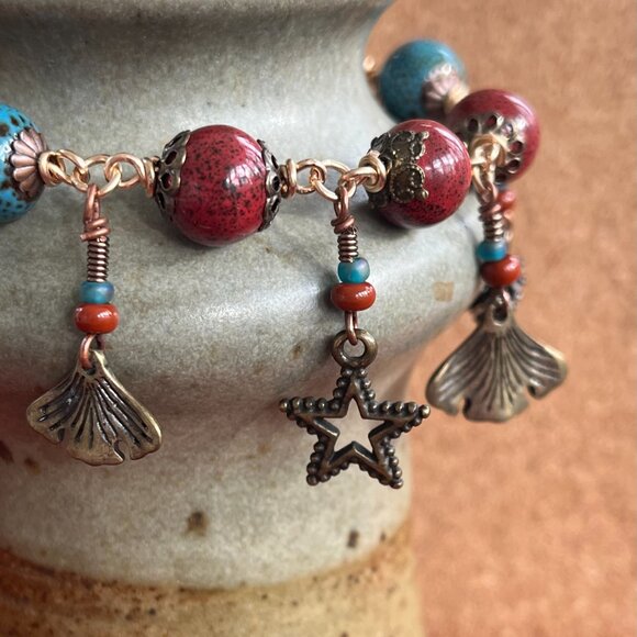 Boho Bracelet, Ceramic Beads, Nature Charms, Handmade Whimsical Jewelry - Picture 5 of 10
